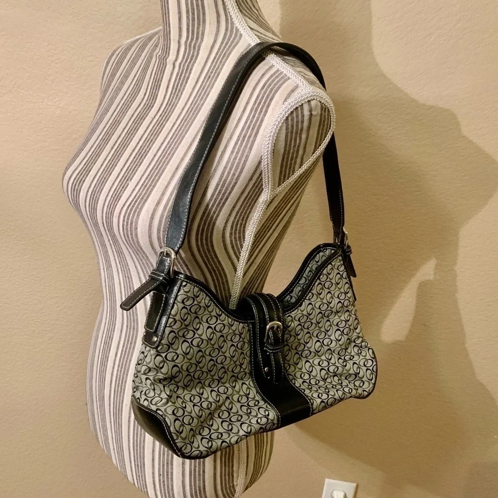 Shoulder Bag Like New Grey Canvas Black Vegan Leather Trim Circular Silver - Picture 4 of 16